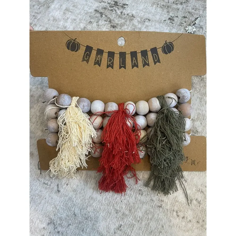 Fall Autumn Thanksgiving Beaded 6’ Garland Boho Tassels Green Red Orange NEW